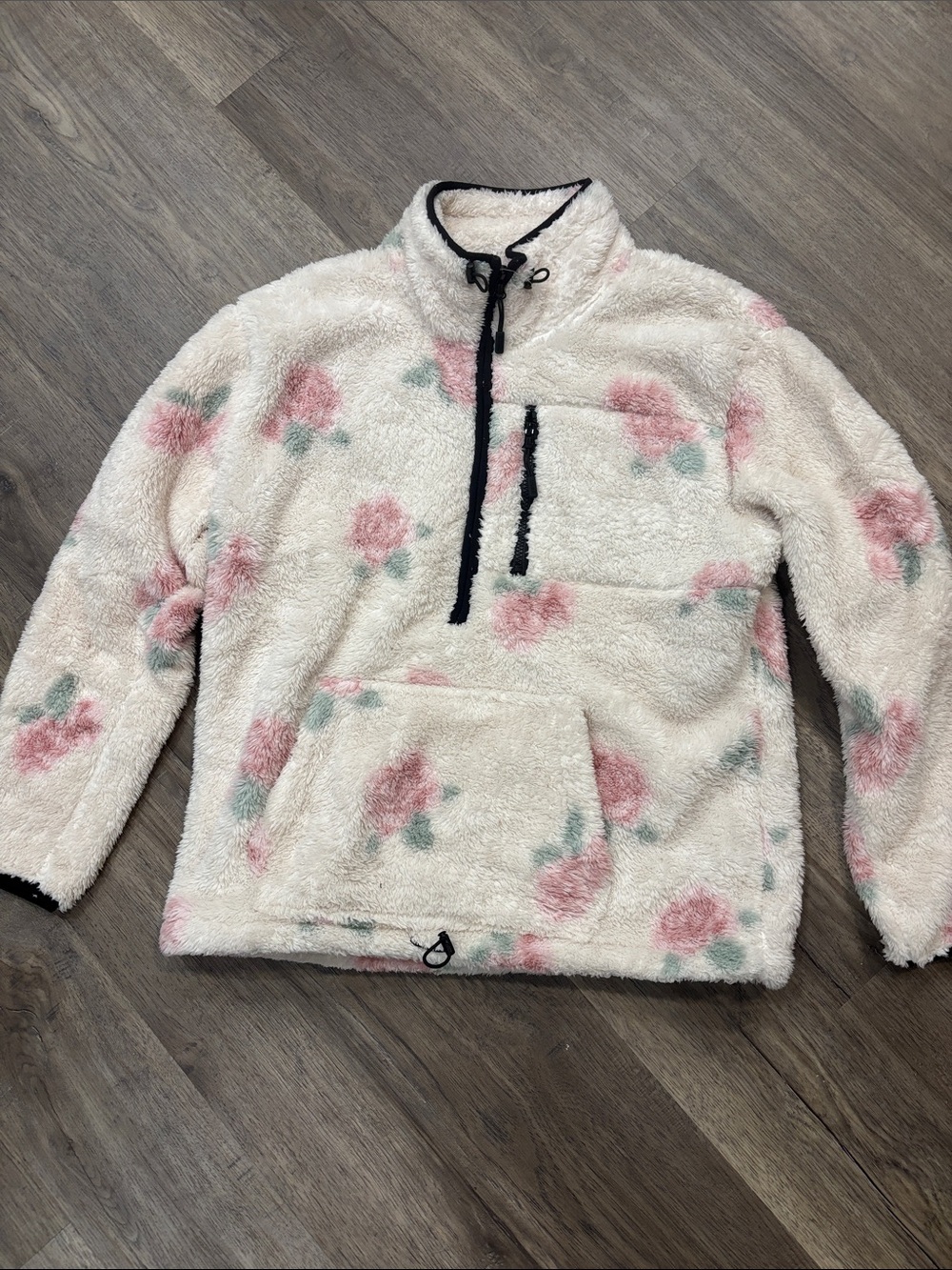PINK Victoria's Secret Cream Sherpa Half-Zip Hoodie with Pink Floral Print